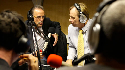 Die SV Waldhof-Präsidentschaftskandidaten Helmut Rufe und Steffen Künster am 1.12.2010 bei „DoppelPass on Air“